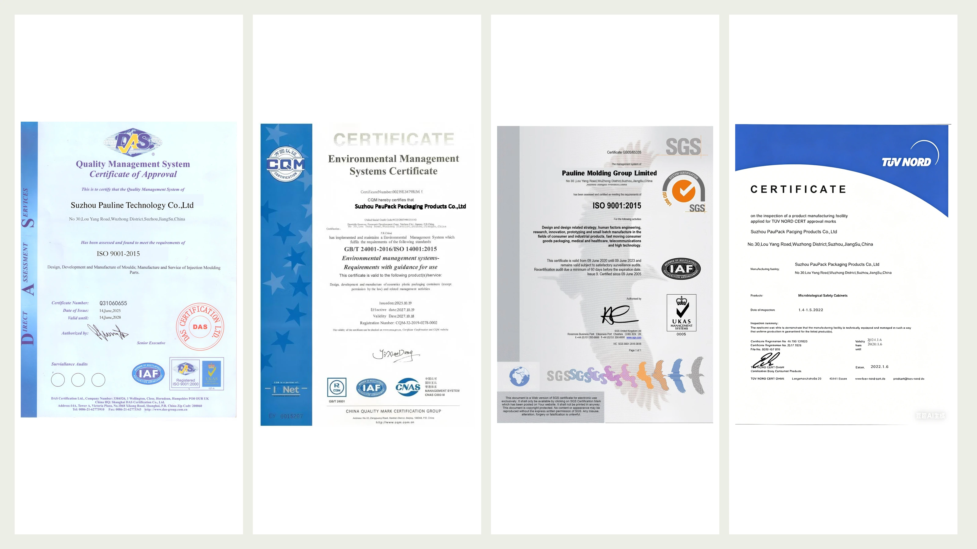 High-resolution overview of PauPack ISO 9001, ISO 14001, SGS and TÜV NORD documents