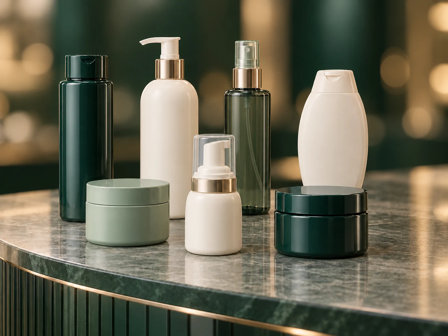 Plastic packaging concept with seven bottle and jar formats in green, ivory and pearl finishes