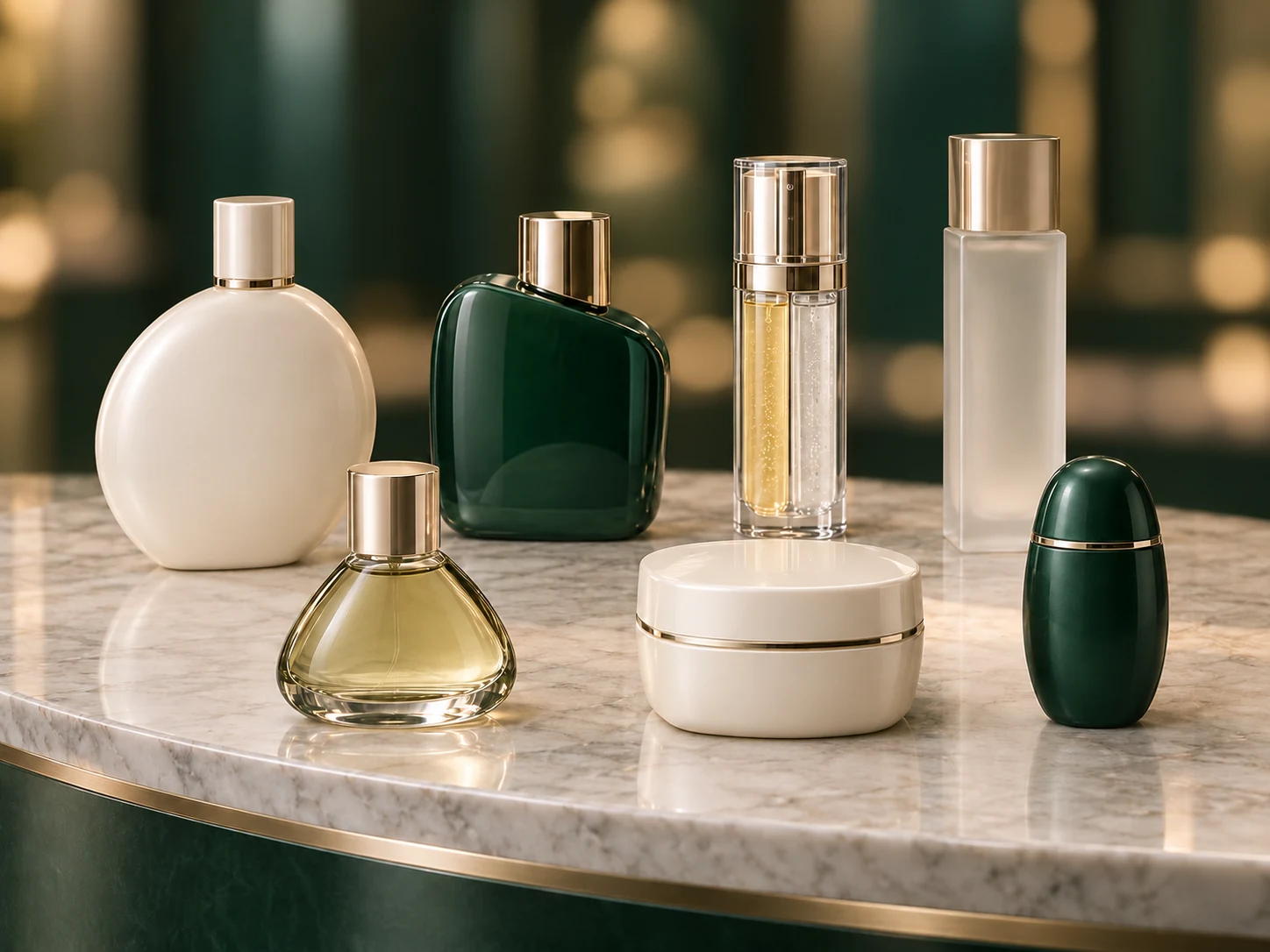 Seven custom packaging concepts with oval, asymmetric, dual-chamber and soft-square forms