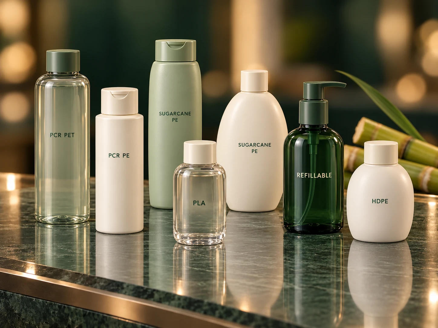 Sustainable bottle concepts labeled PCR PET, PCR PE, sugarcane PE, PLA, refillable and HDPE on a green counter