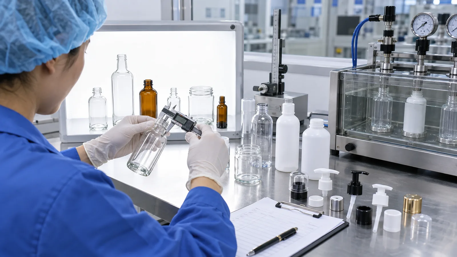 AI process illustration of bottle dimensions and component inspection