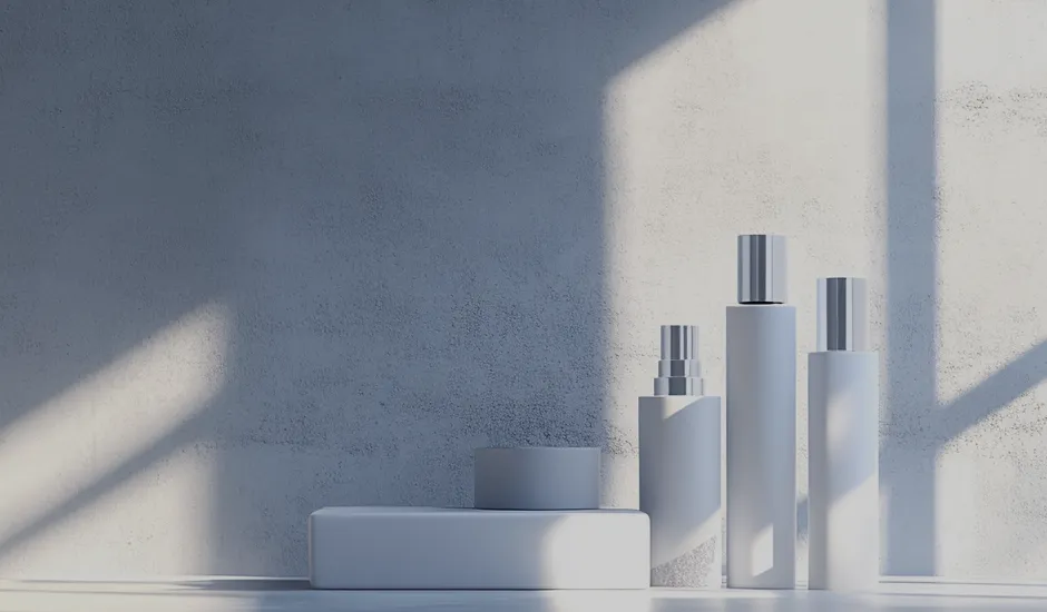 Exhibición minimalista de botellas cosméticas blancas y diseños de empaque con sombras dramáticas