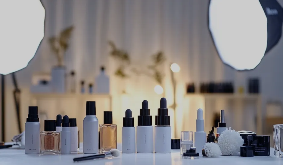 Arreglo profesional de productos de belleza que incluyen botellas de cuentagotas y recipientes cosméticos en iluminación cálida