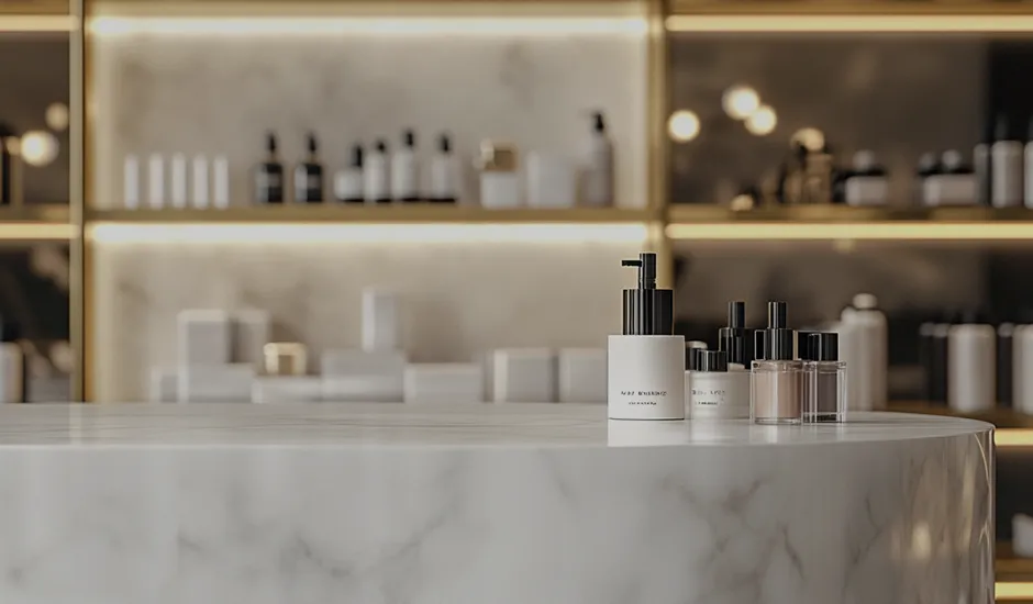 Productos cosméticos de lujo que se muestran en un mostrador de mármol con iluminación suave y botellas de vidrio en el fondo