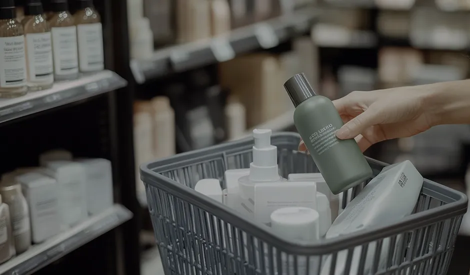 Colocación de productos cosméticos en una cesta de almacenamiento, que muestra almacén o configuración de distribución